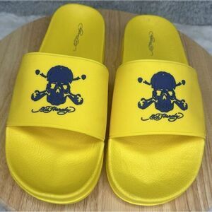 Men's Ed Hardy Yellow‎ With Blue Skulls Slides Sz 13